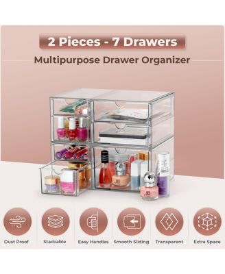 7 Drawers Acrylic Organizer for Makeup, Organization and Storage, Art Supplies, Jewelry, Stationary - 2 Pcs Clear Stackable Storage Drawers