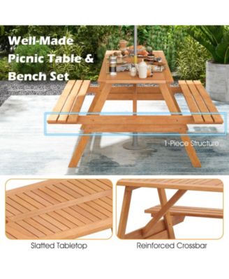 6 Person Picnic Table Set Patio Rectangle with 2 Built-in Benches and Umbrella Hole
