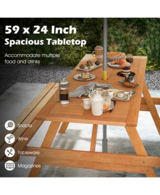 6 Person Picnic Table Set Patio Rectangle with 2 Built-in Benches and Umbrella Hole