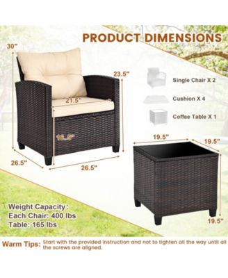 3 Pieces Patio Rattan Furniture Set with Washable Cushions and Tempered Glass Tabletop