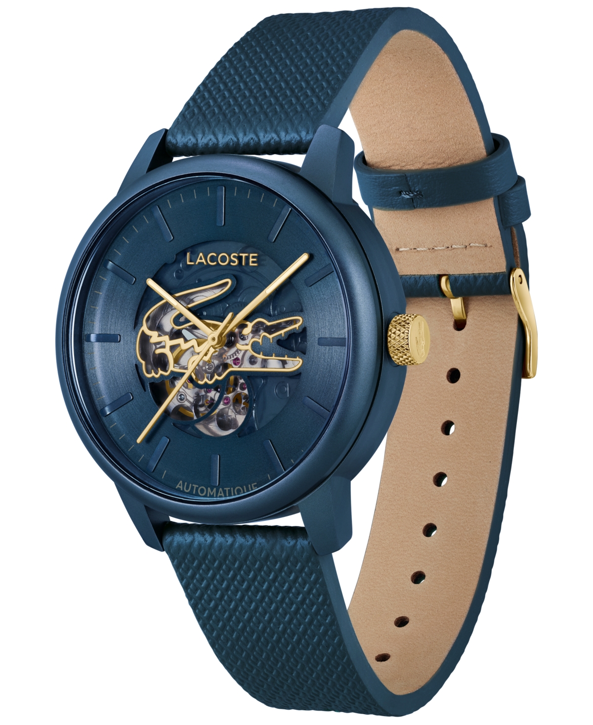 LACOSTE MEN'S L.12.12 AUTOMATIQUE BLUE LEATHER STRAP WATCH 44MM 