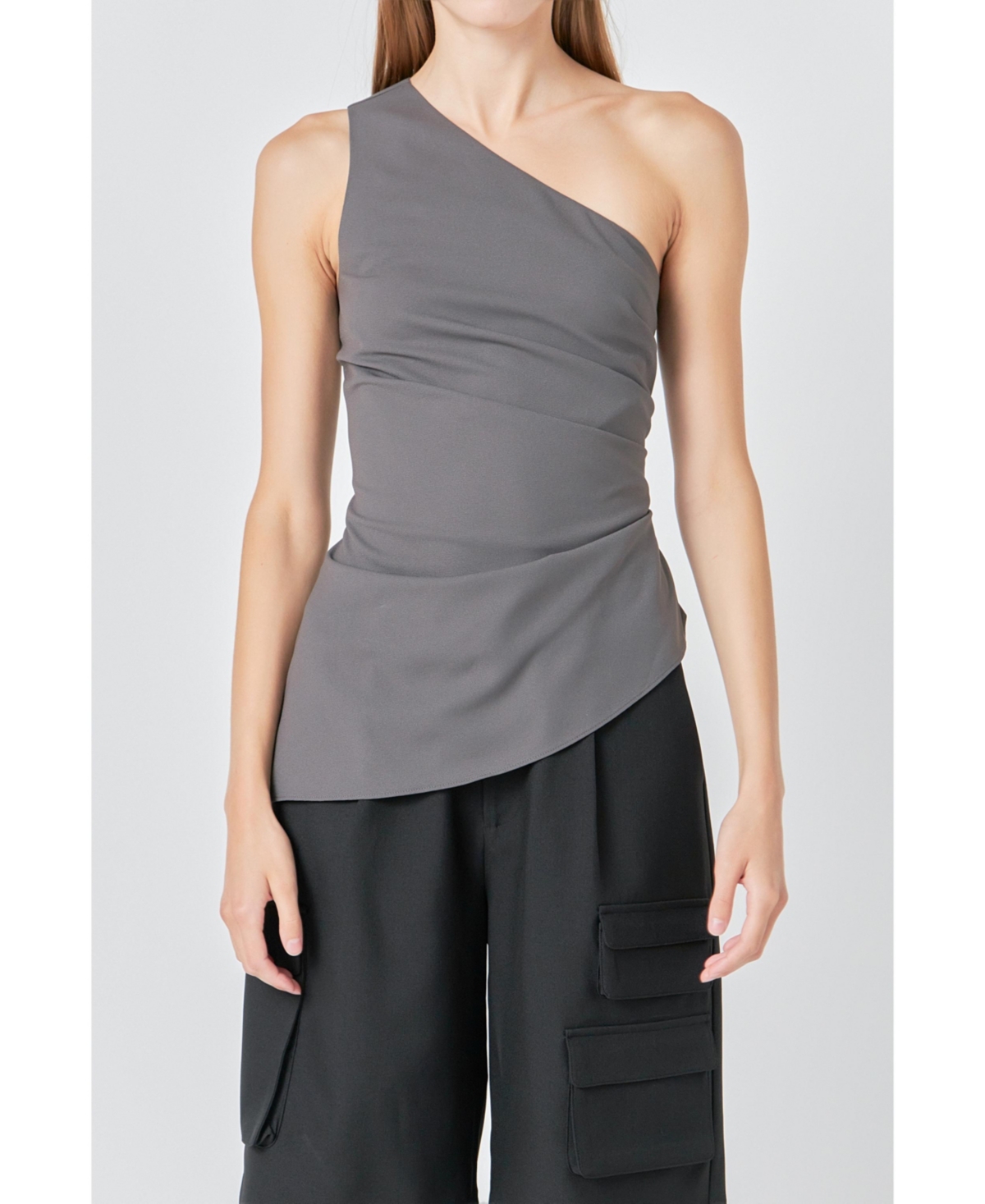 Women's One Shoulder Ruched Top - Charcoal