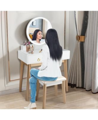 Makeup Vanity Table Set with Touch Screen Dimming Mirror and 3 Color Lighting Modes