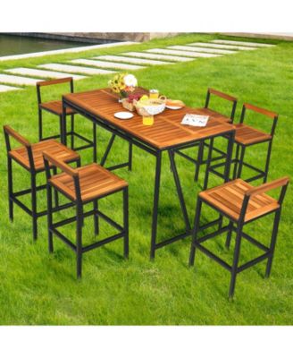 7 Pieces Acacia Wood Patio Rattan Bar Set with Umbrella Hole