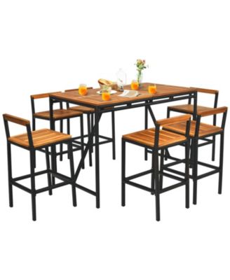 7 Pieces Acacia Wood Patio Rattan Bar Set with Umbrella Hole