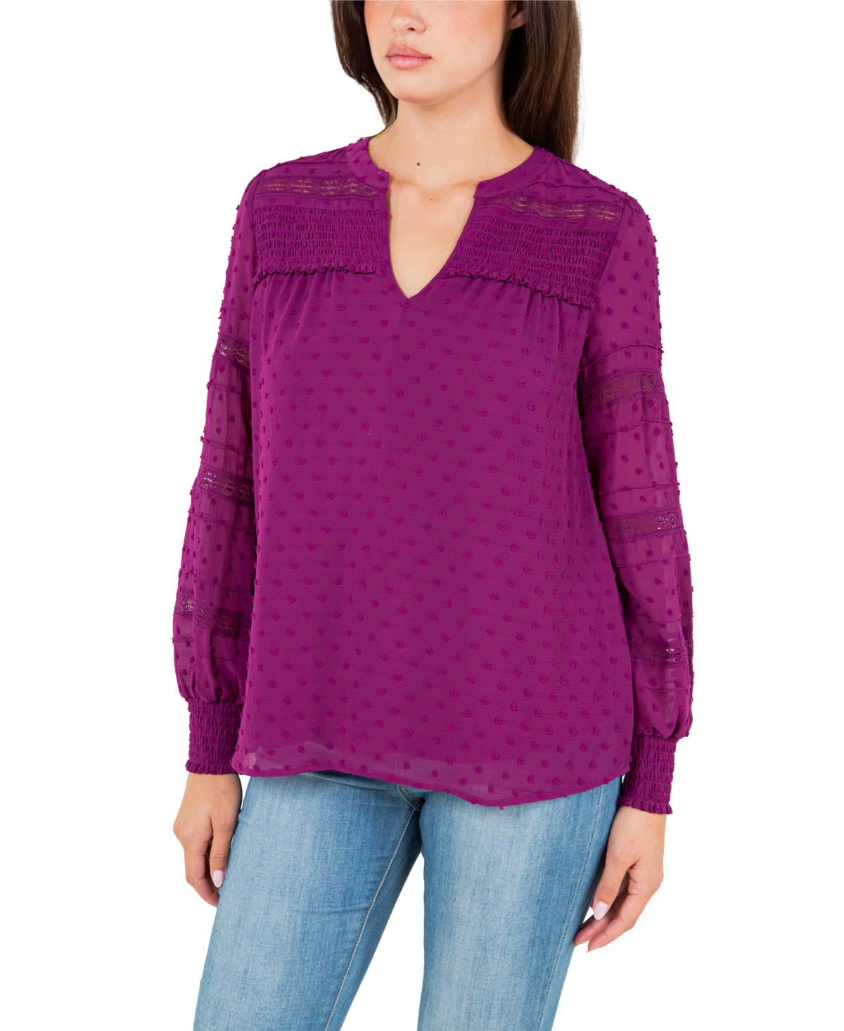 Women's Clip Dot Top with Smocked Cuff - Plum Caspia