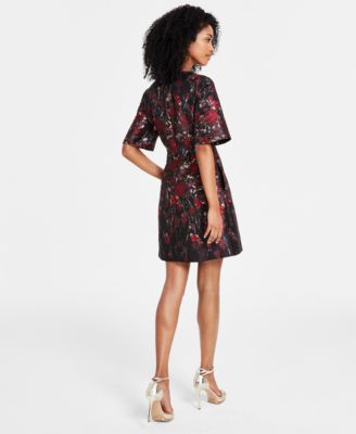 Vince Camuto Women's Floral Jacquard Short-Sleeve Dress - Macy's