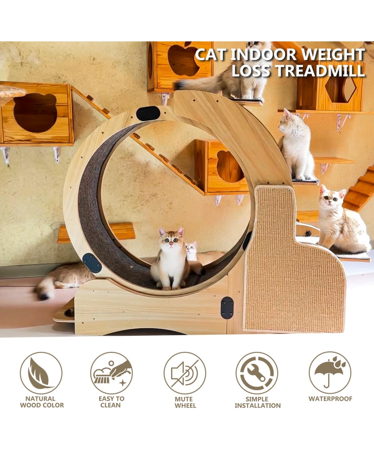 Streamdale Furniture 5-in-1 Cat Activity Center: Running Wheel, Scratching, Climbing, Litter, Food
