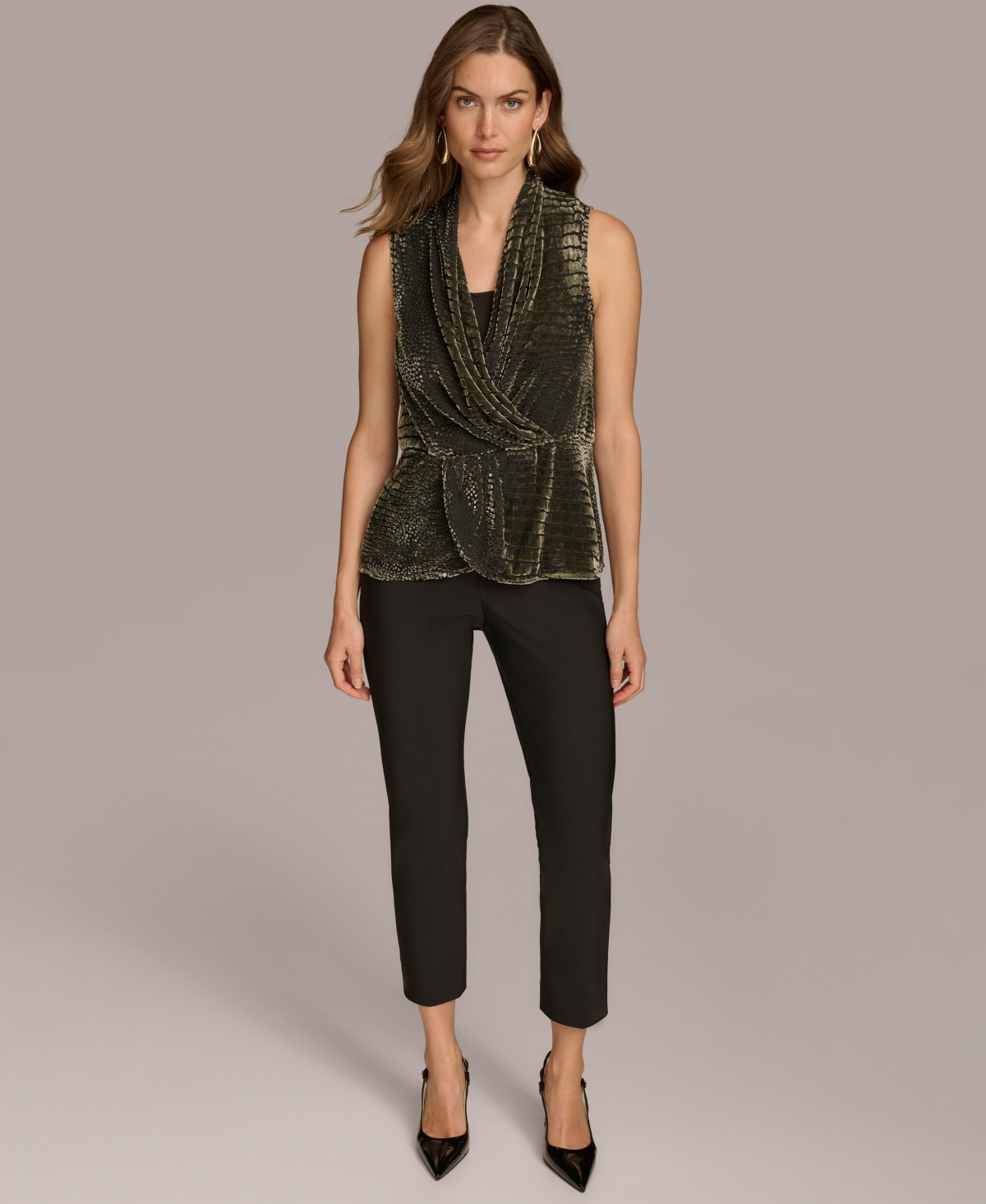Donna Karan New York Women's Crocodile Burnout Velvet Faux-Wrap Top -Beech
