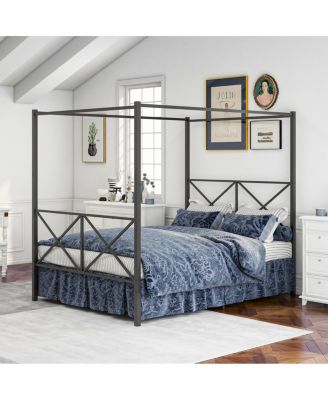 Metal Queen Canopy Bed Frame with X-Frame