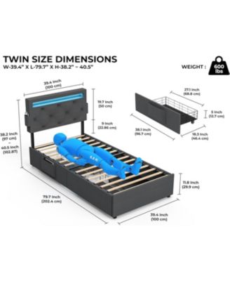 Twin Bed Frame with USB Charging, LED Lights, Headboard, Storage Drawers