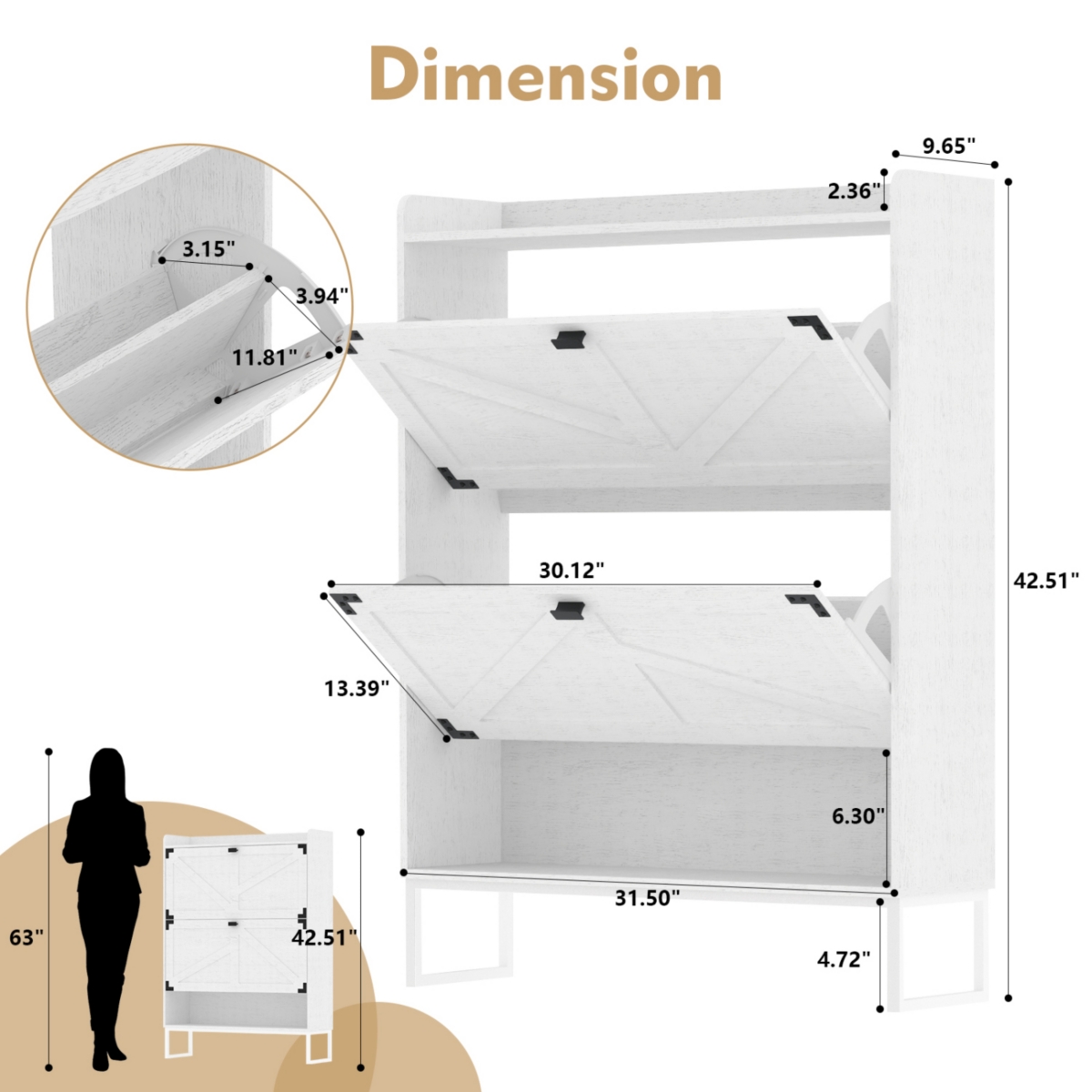 Simplie Fun Farmhouse Shoe Cabinet with Flip Drawers and Metal Legs