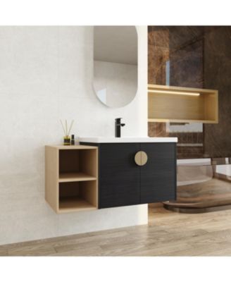 Wall-Mounted Vanity with Soft-Close Doors, Ceramic Basin, and Storage