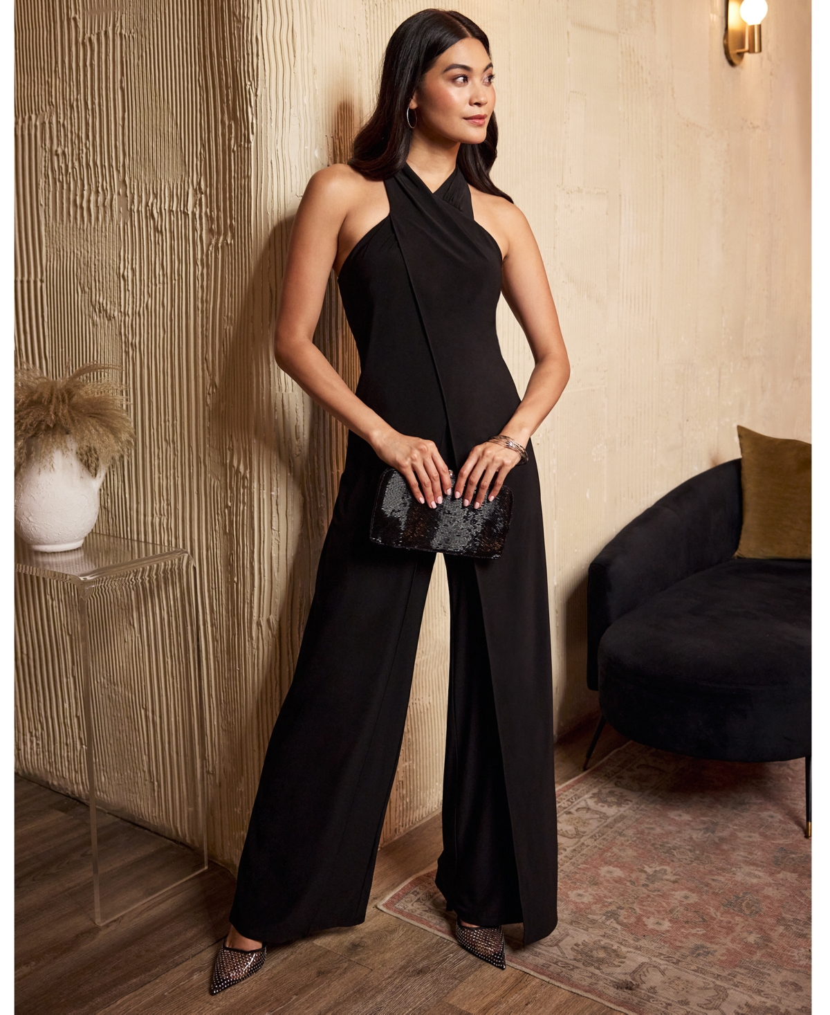 Adrianna Papell Women's Overlay-Neck Wide-Leg Jumpsuit