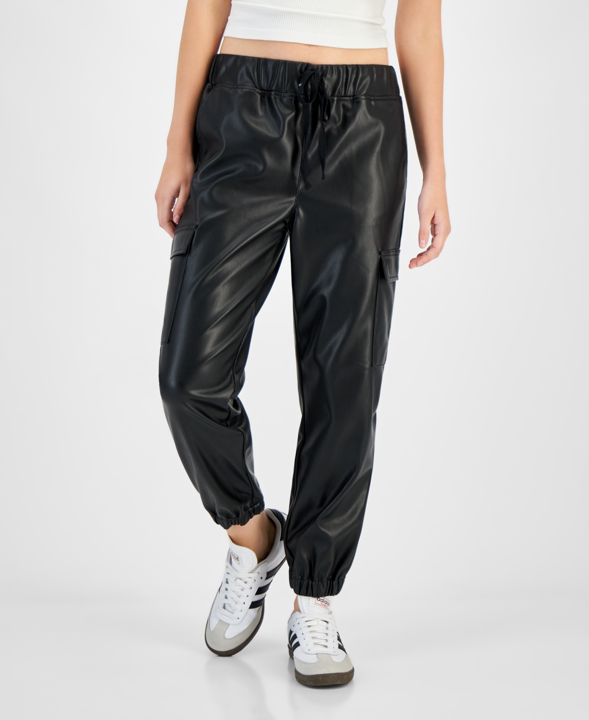 TINSELTOWN JUNIORS' FAUX-LEATHER CARGO JOGGER PANTS 