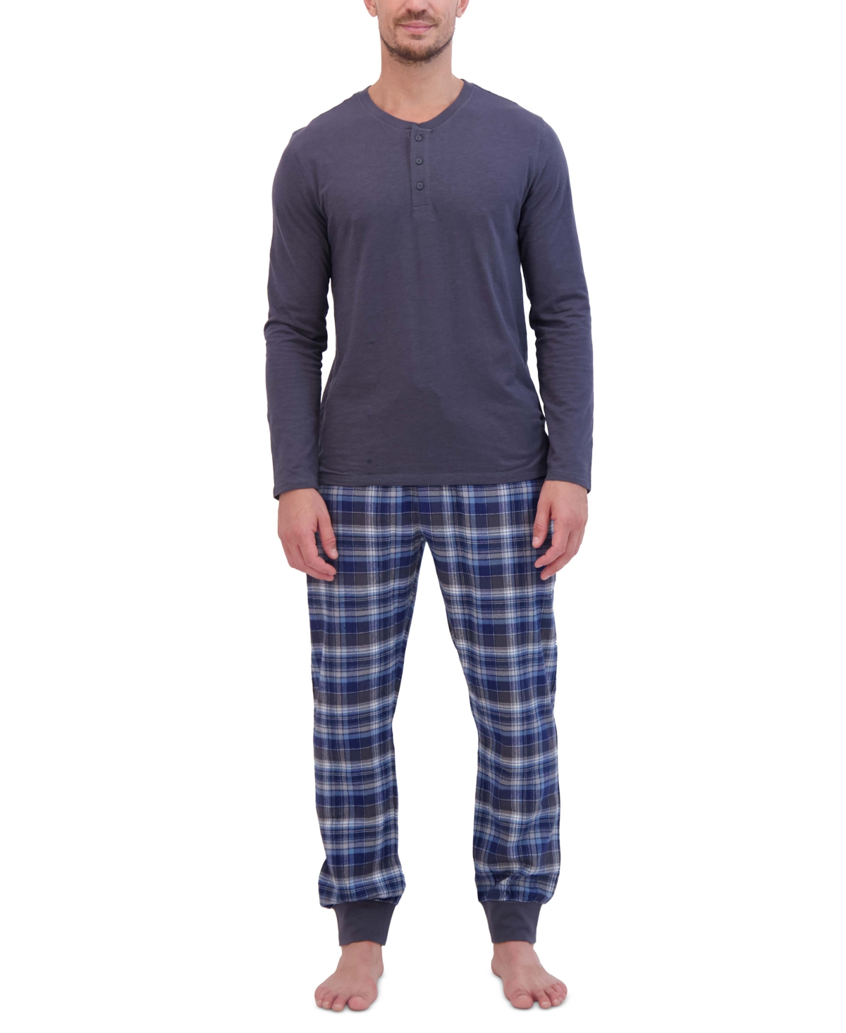 Men's 2-Pc. Long-Sleeve Henley Crew Top & Ultra Soft Flannel Jogger Pant Sleep Set - Indigo