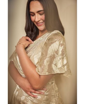 Plus Size Foil Leaf Flutter-Sleeve Draped Gown