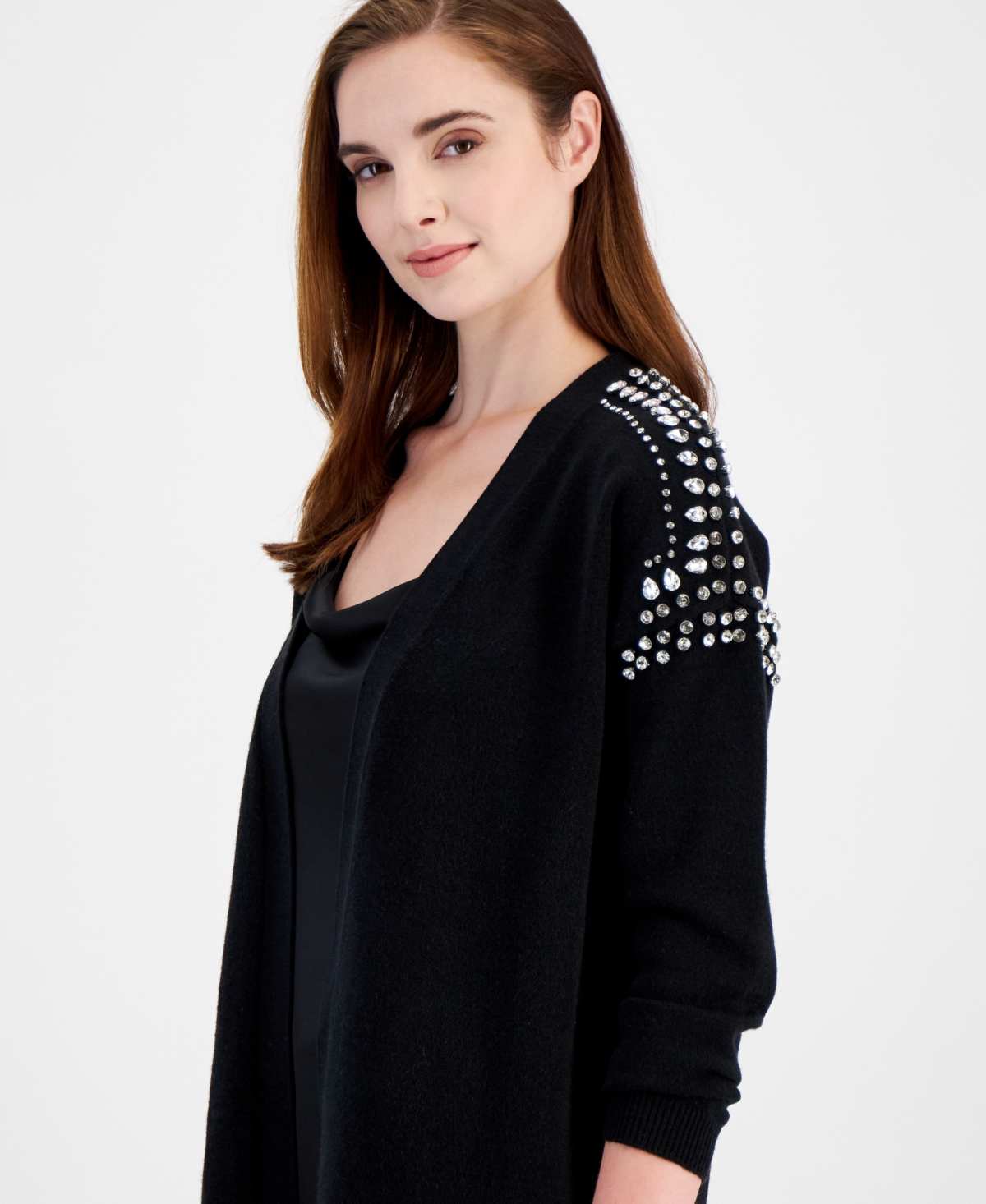 Anne Klein Petite Embellished-Shoulder Open-Front Cardigan