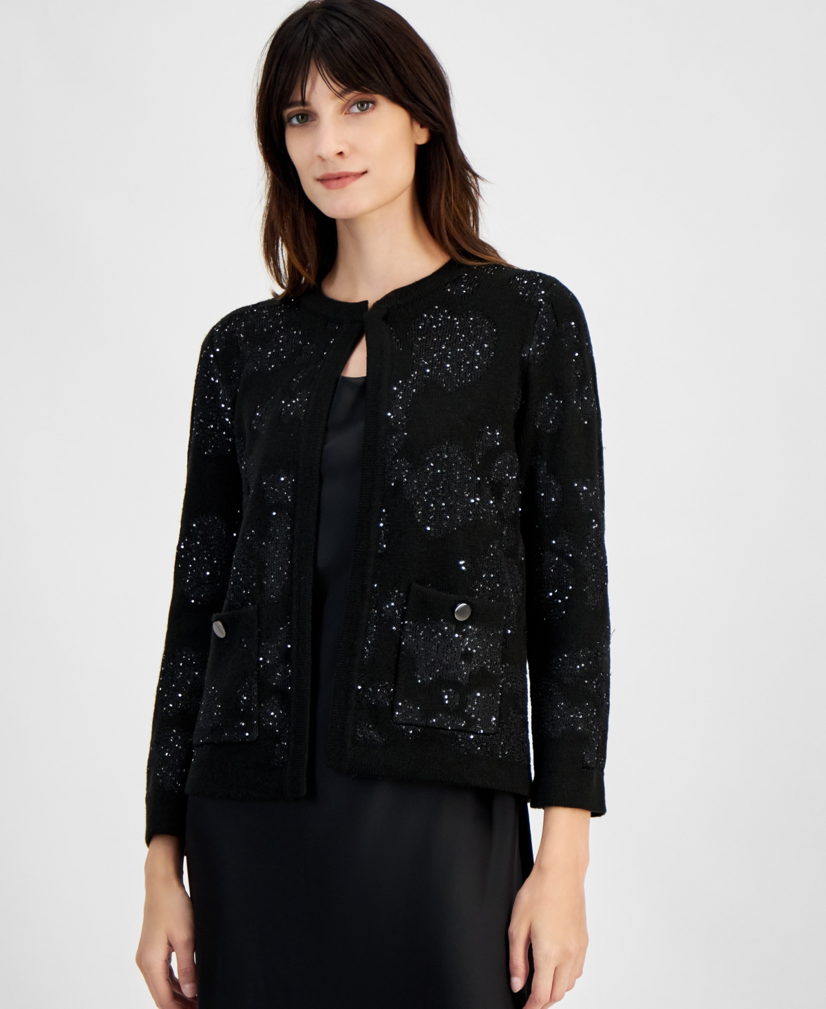 ANNE KLEIN WOMEN'S OPEN-FRONT PATCH-POCKET SEQUIN CARDIGAN, CREATED FOR MACY'S 