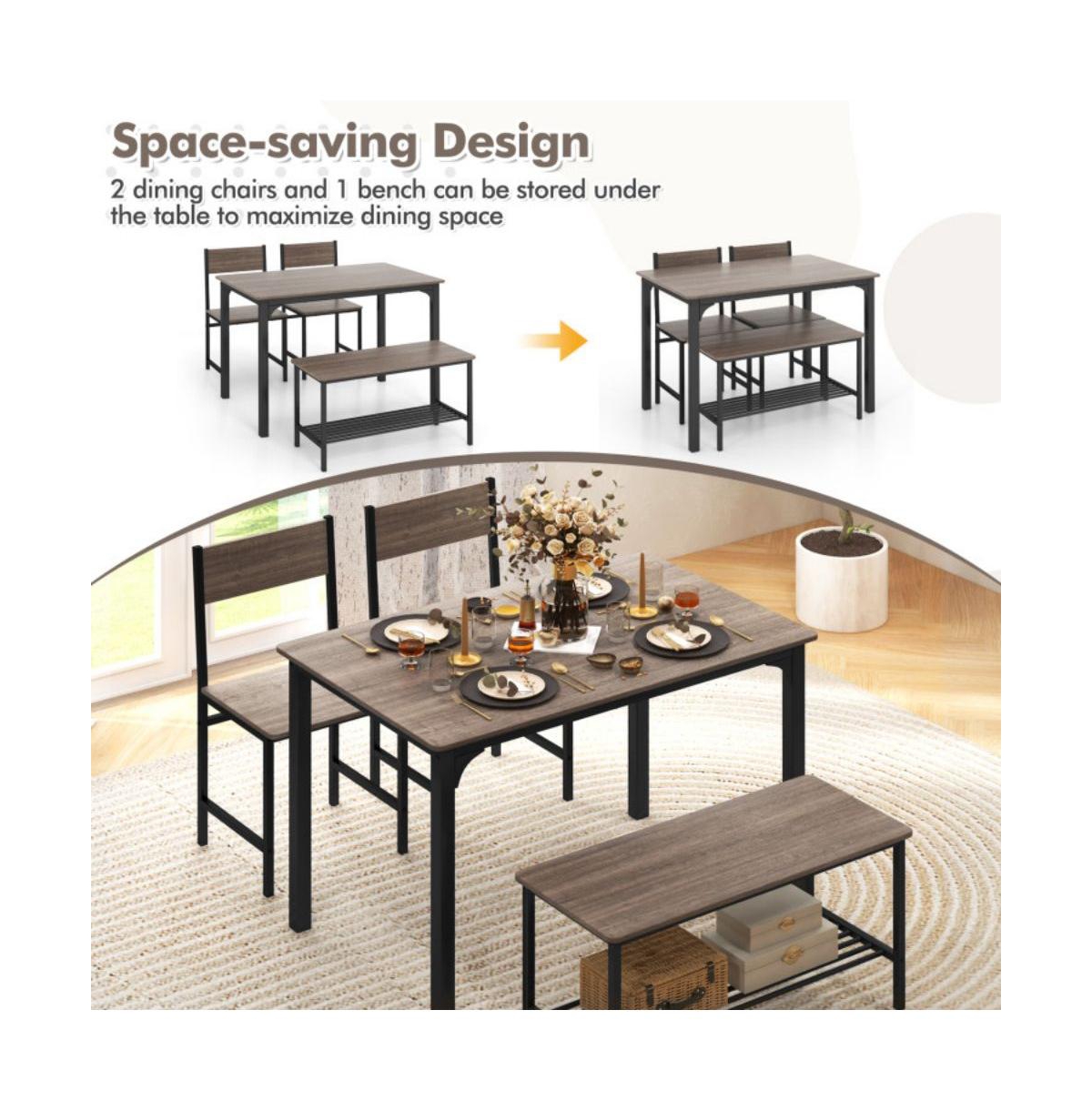 4 Pieces Rustic Dining Table Set with 2 Chairs and Bench