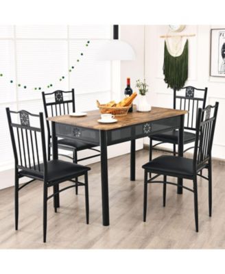 5 Pieces Dining Set Wood Metal Table and 4 Chairs with Cushions