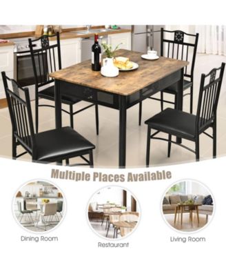 5 Pieces Dining Set Wood Metal Table and 4 Chairs with Cushions