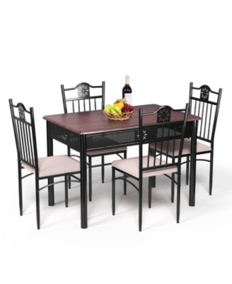 5 Pieces Dining Set Wood Metal Table and 4 Chairs with Cushions