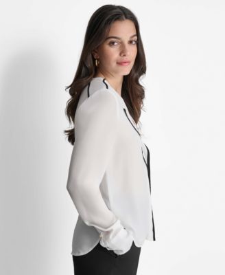 Women's Long Sleeve Trimmed Lapel Blouse, Regular & Petite