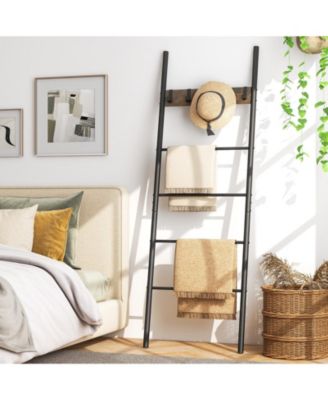 Wall-Leaning Decorative Blanket Holder with 5 Removable Hooks