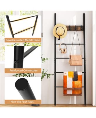 Wall-Leaning Decorative Blanket Holder with 5 Removable Hooks