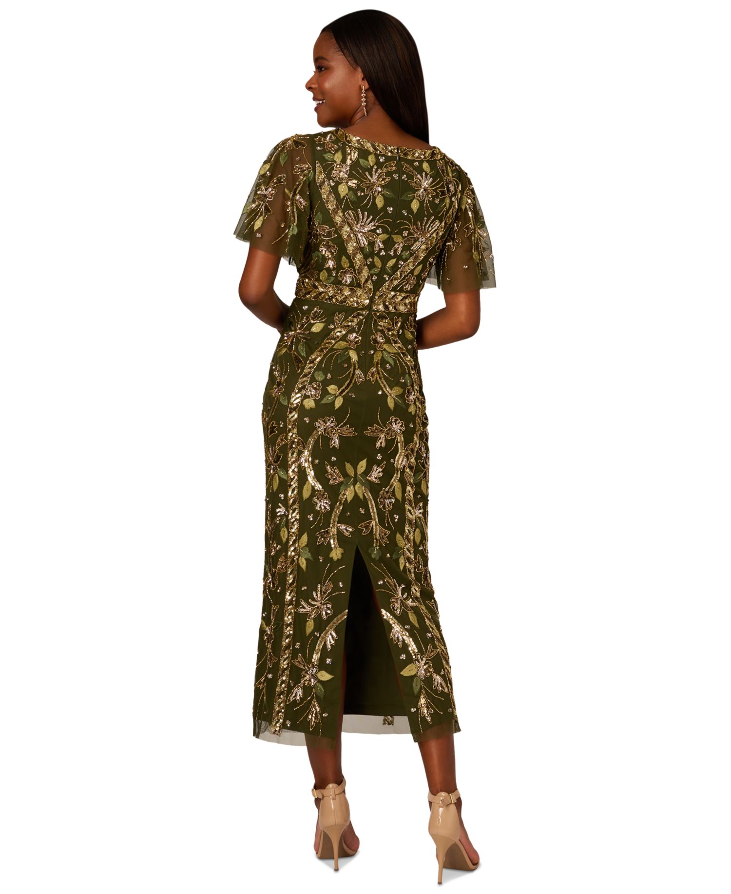 Women's V-Neck Embellished Flutter-Sleeve Dress