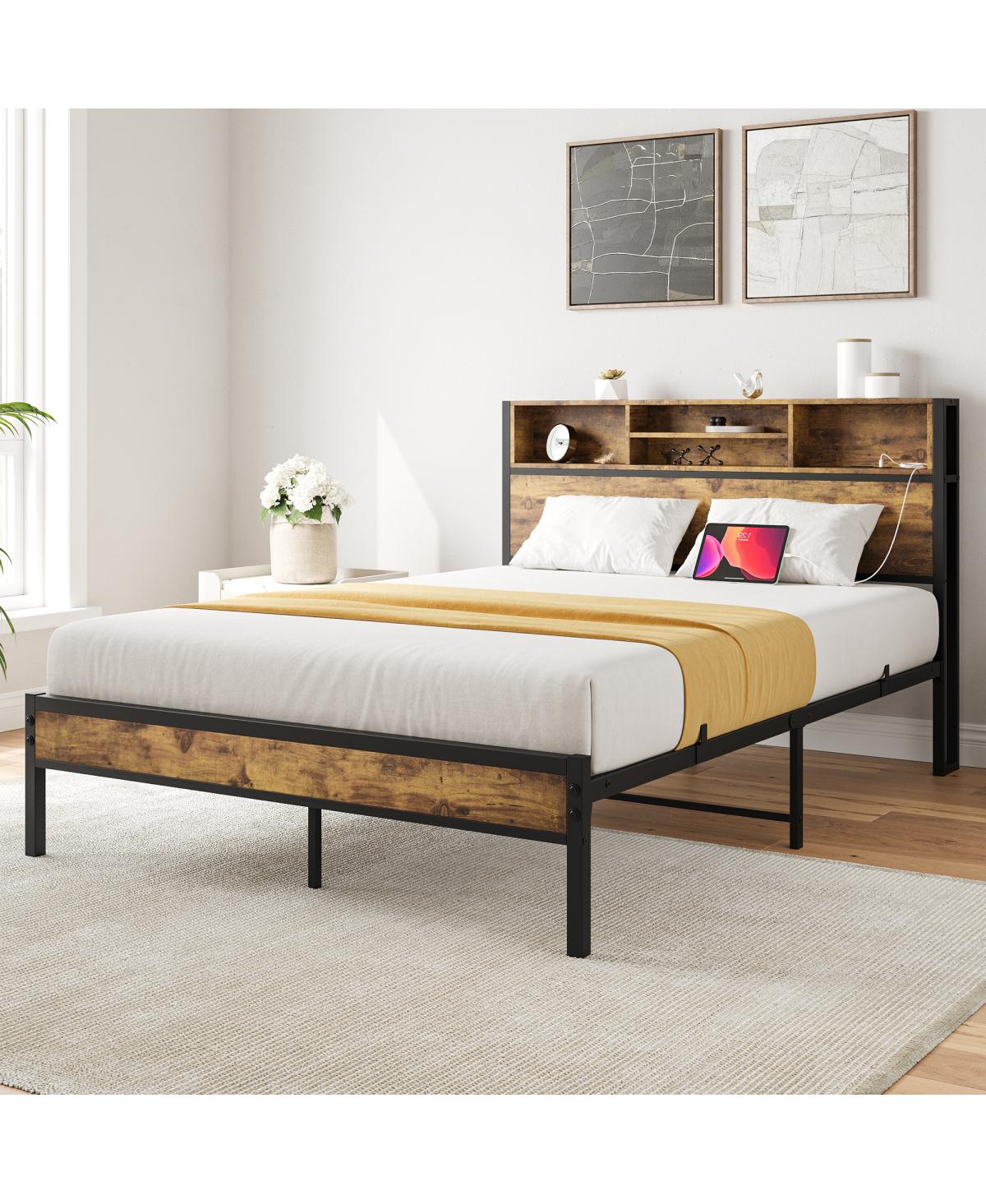 Black Metal Platform Bed with Storage & Charging Station