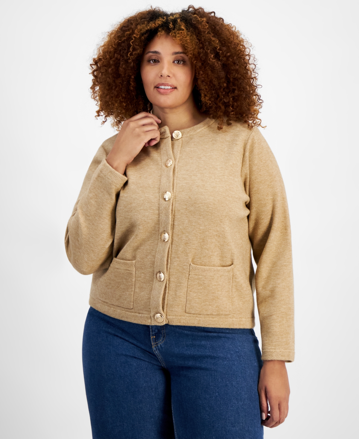 On 34th Trendy Plus Size Milano Crewneck Cardigan, Created For Macy's In Warm Camel Heather
