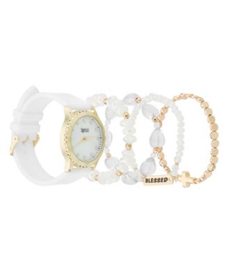 Women's Matte White Silicone Strap Analog Watch 38mm with Stackable Bracelets Gift Set