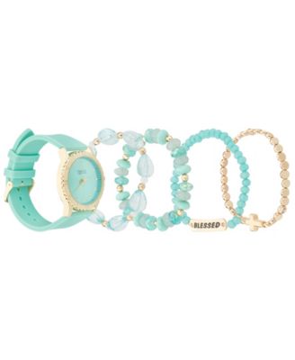 Women's Matte Teal Silicone Strap Analog Watch 38mm with Stackable Bracelets Gift Set