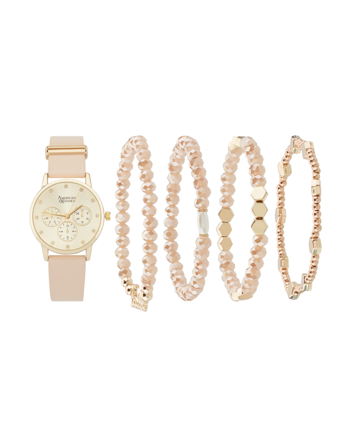 Women's Beige Polyurethane Leather Strap Analog Watch 32mm with Stackable Bracelets Gift Set - Beige