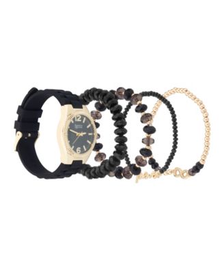 Women's Black Silicone Strap Analog Watch 35mm with Stackable Bracelets Gift Set