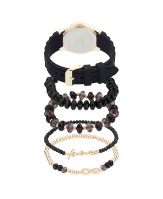 Women's Black Silicone Strap Analog Watch 35mm with Stackable Bracelets Gift Set