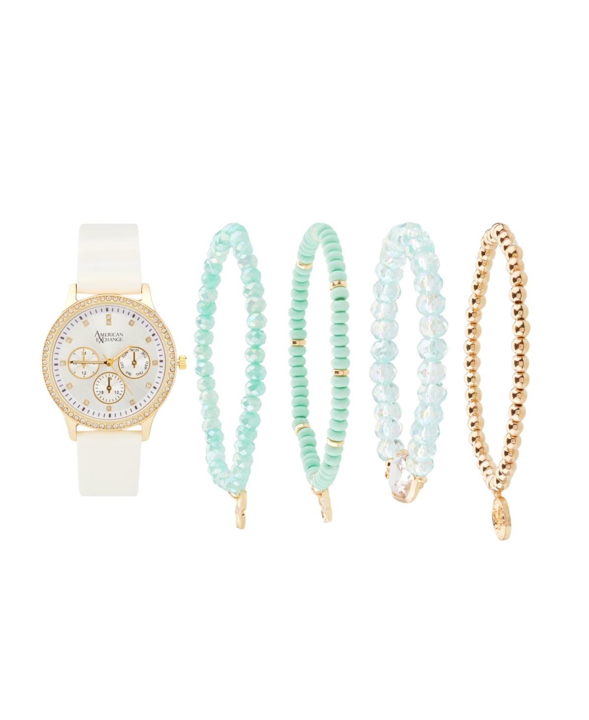 Women's White Polyurethane Leather Strap Analog Watch 38mm with Stackable Bracelets Gift Set - White