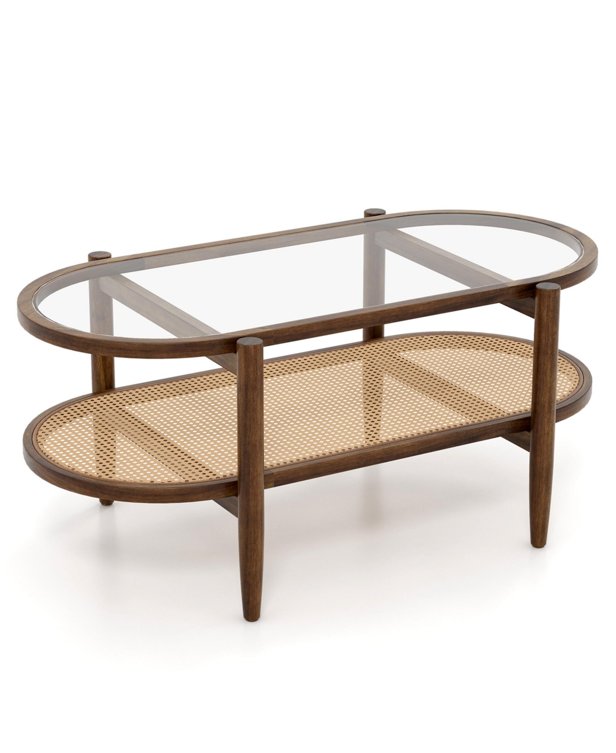 Costway 2-Tier Coffee Table Tempered Glass Top with Pe Rattan Shelf & Acacia Wood Frame