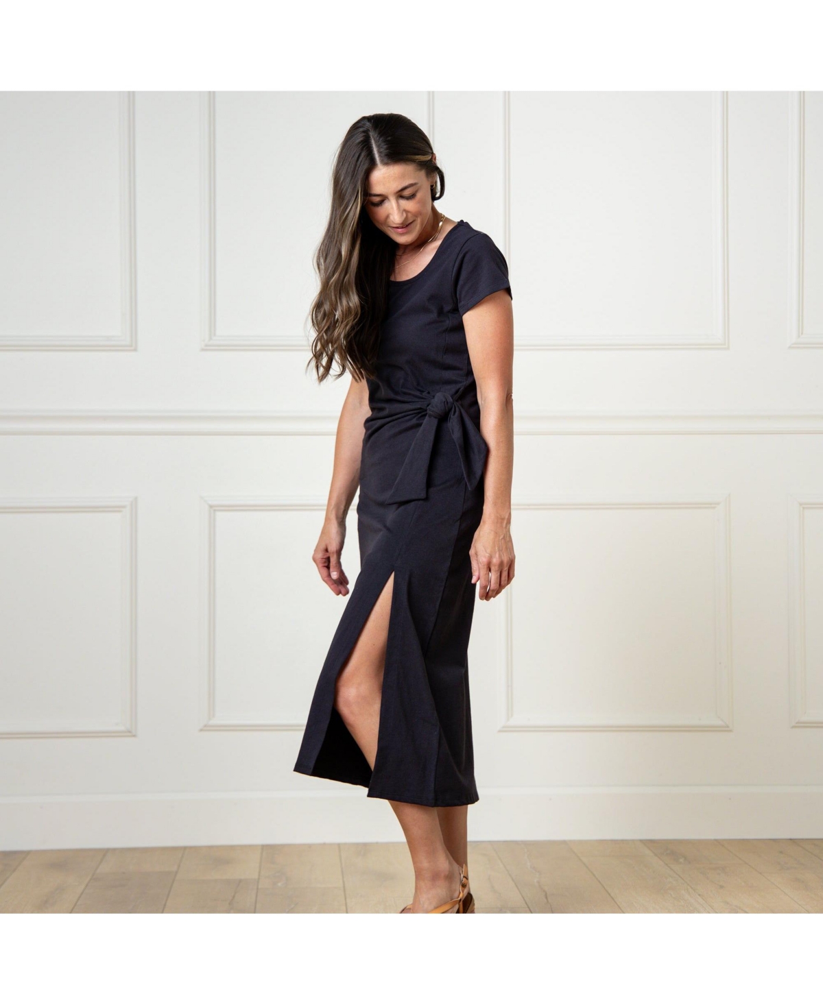 Hope & Henry Women's Organic Short Sleeve Knit Tie Midi Dress - Black side-tie