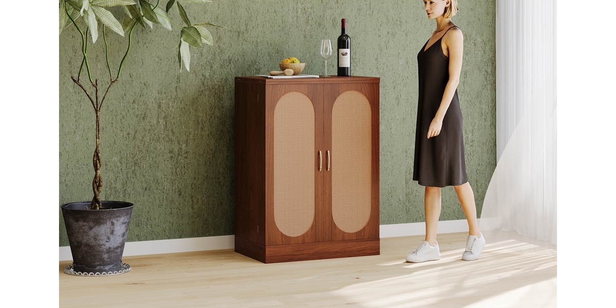 Streamdale Furniture Extendable Rattan Door Bar Cabinet with Wine and Glass Storage