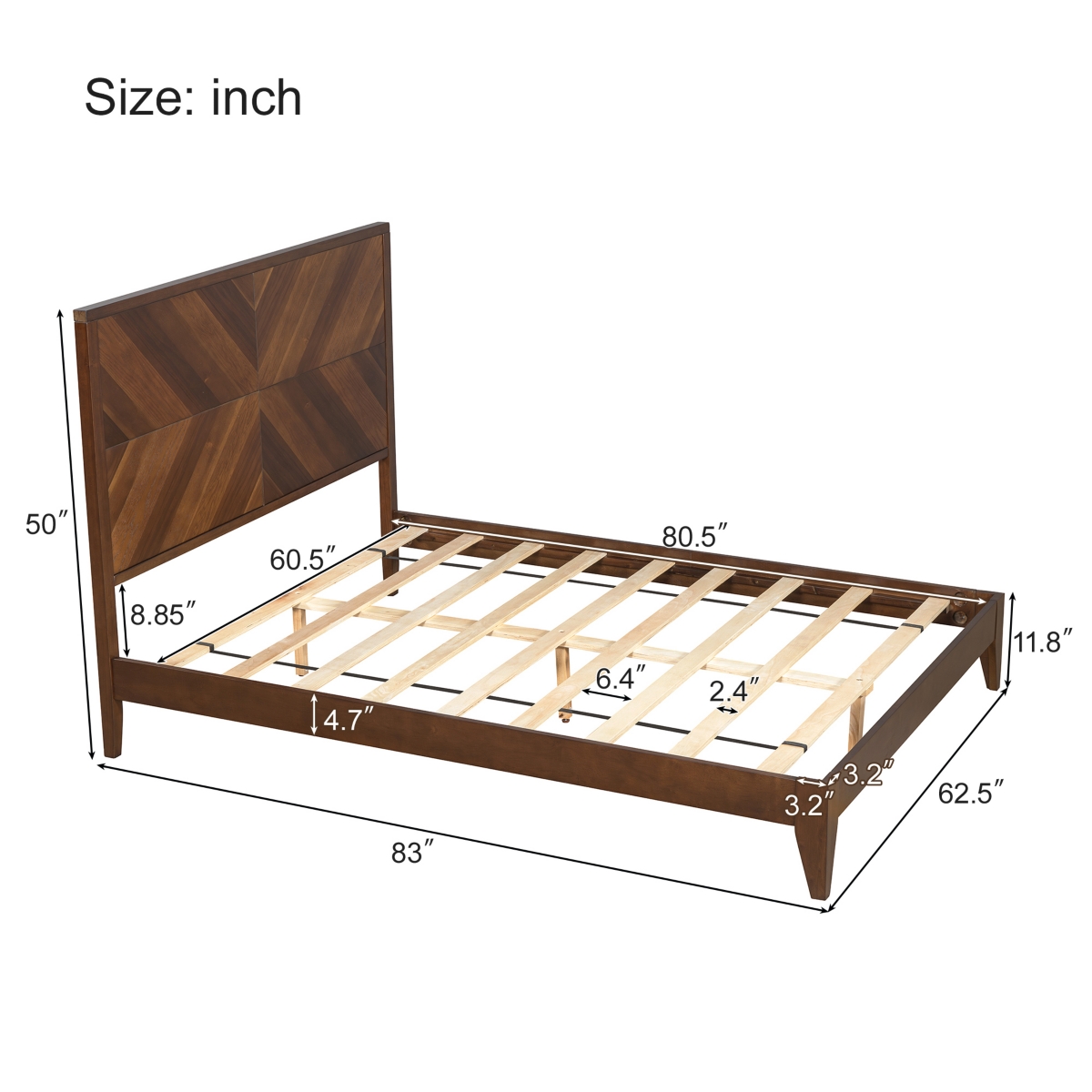 Streamdale Furniture Mid-Century Modern Platform Bed Wood Slat Support with No Box Spring Needed, Queen,- Walnut