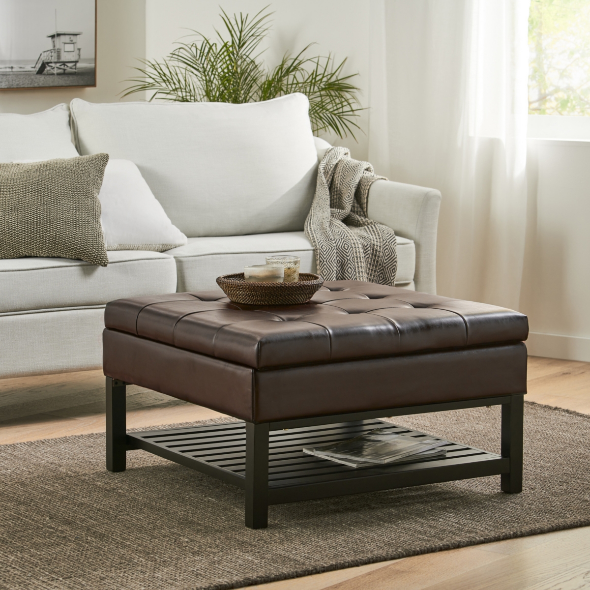 Finn Bonded Leather Ottoman With Storage And Rack