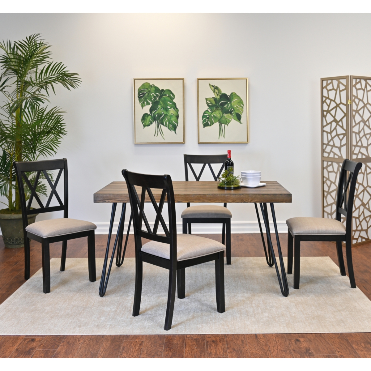 Streamdale Furniture 5-Piece Dining Set, Hairpin Dining Table with 4 Cross-back Chairs, Rich Black