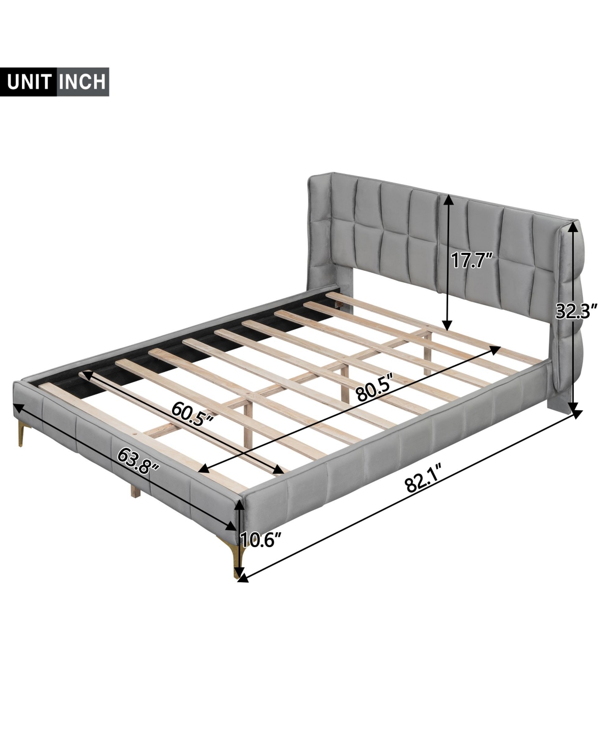 Streamdale Furniture Elegant Velvet Upholstered Platform Bed, Queen Size,- Gray