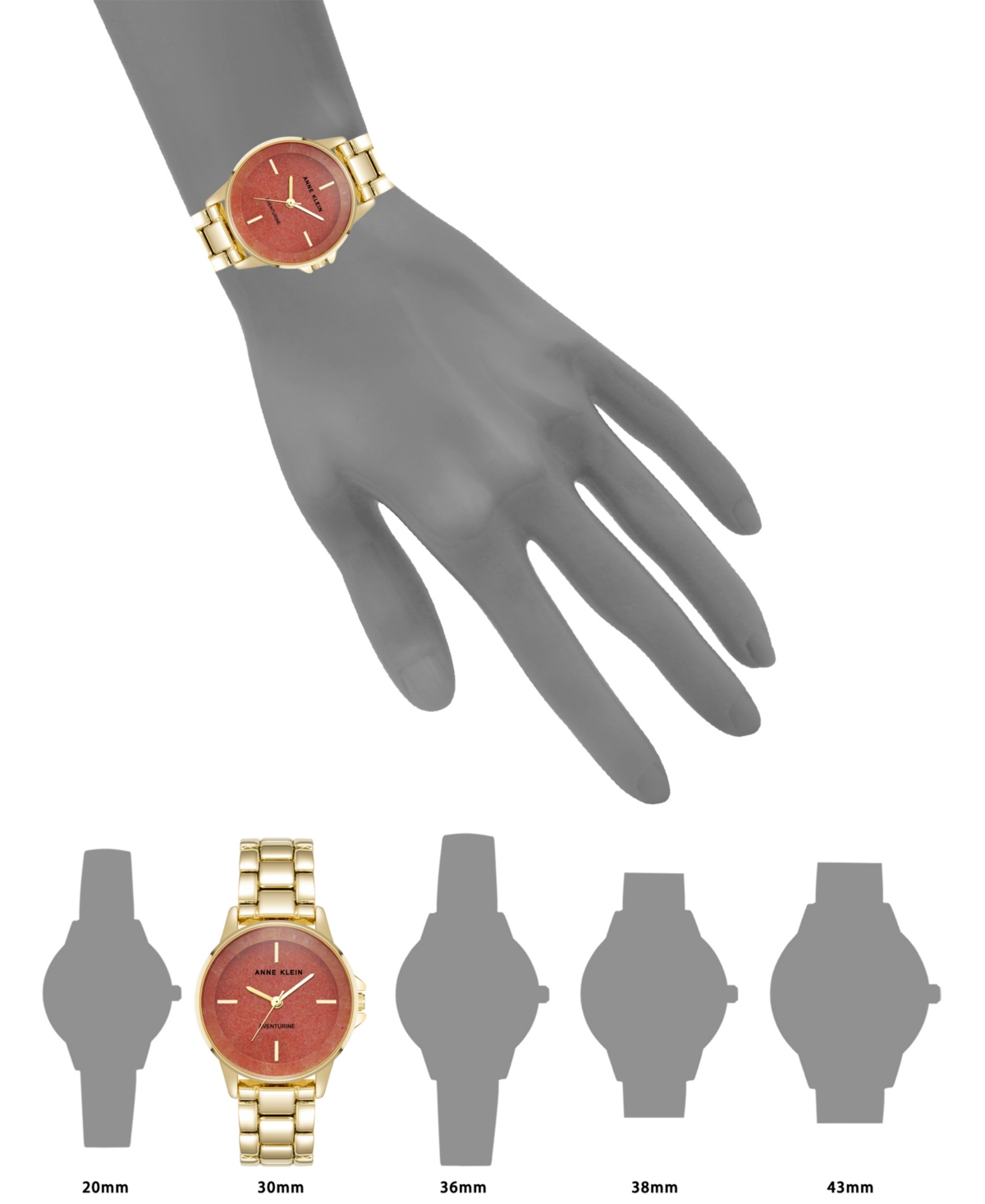 Anne Klein Women's Quartz Red Aventurine Gemstone And Gold-tone Alloy Metal Bracelet Watch, 30mm In Red,gold-tone