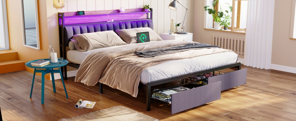 Streamdale Furniture Bed Frames With Storage and Led Platform Frame