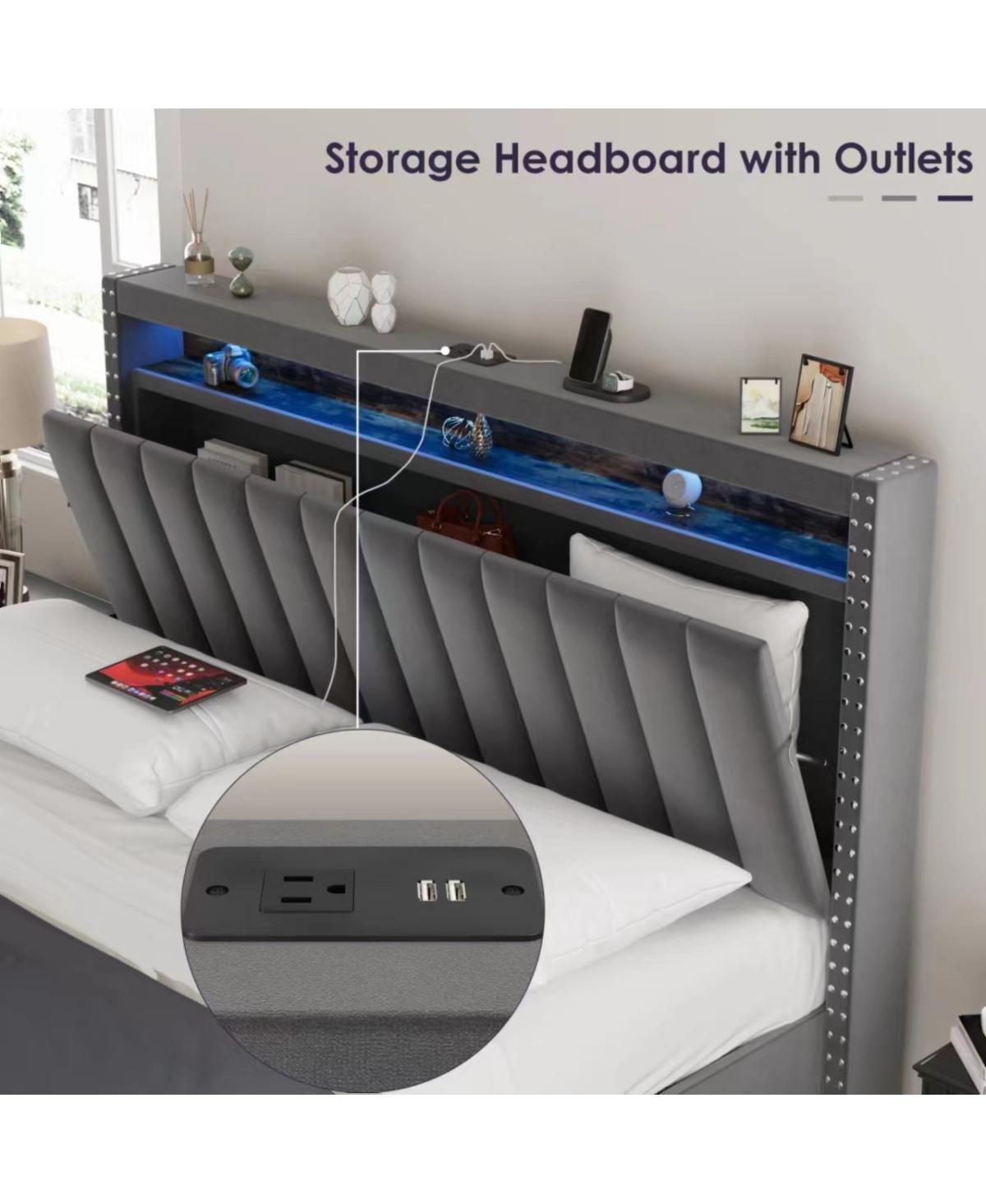 Streamdale Furniture Luxury Gas Lift Storage Bed With Rf Led Lights, Storage Headboard, Size, Velvet Grey