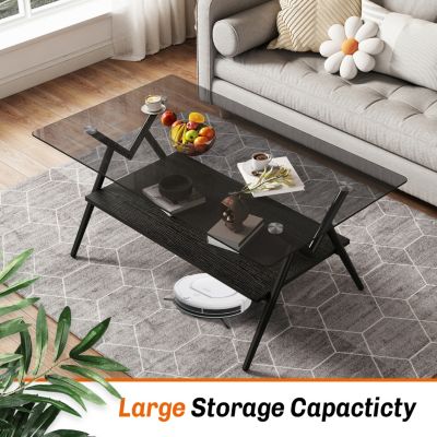 Streamdale Modern Glass Coffee Table with Black MDF Shelf